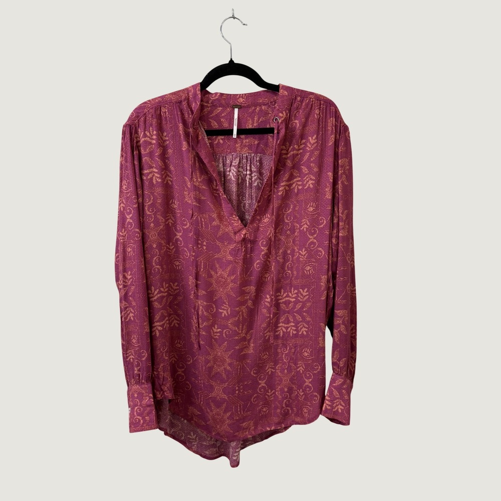Free People Mia Flowy Tunic Top Magenta Pink Orange Sun Print XS Boho Coastal